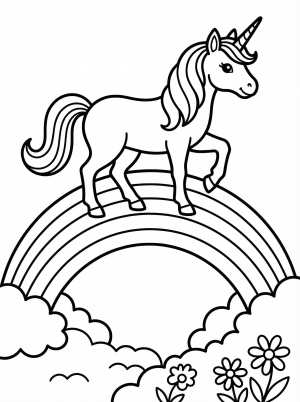 Free printable coloring page showing a unicorn walking on a rainbow, perfect for kids to practice coloring and imagination