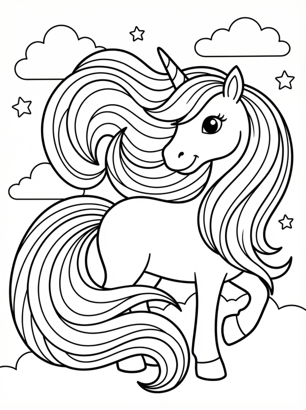 Free printable coloring page showing a unicorn with flowing rainbow mane, perfect for kids to practice color choices and fine motor control