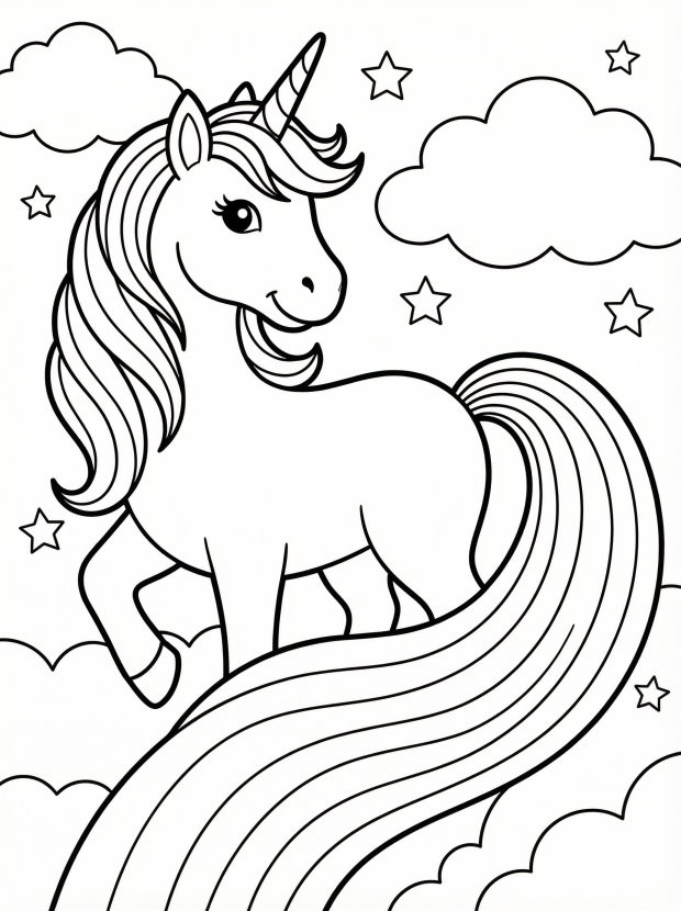 Free printable coloring page showing a unicorn with a long rainbow tail and clouds, perfect for kids to practice coloring and creativity