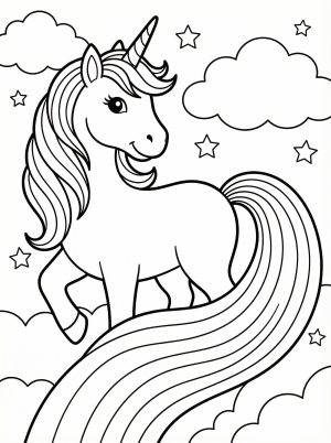 Free printable coloring page showing a unicorn with a long rainbow tail and clouds, perfect for kids to practice coloring and creativity