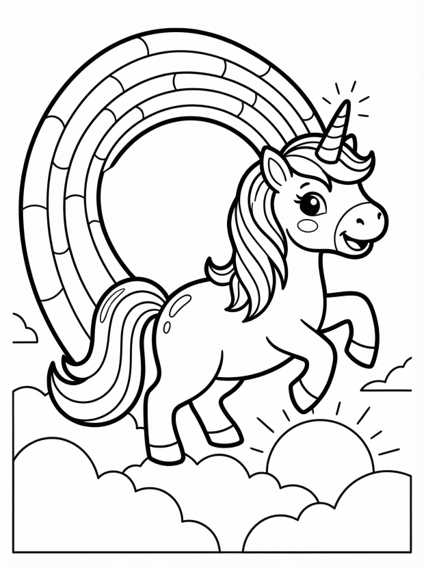 Free printable coloring page showing a unicorn creating a rainbow, perfect for kids to practice fine motor skills and creativity