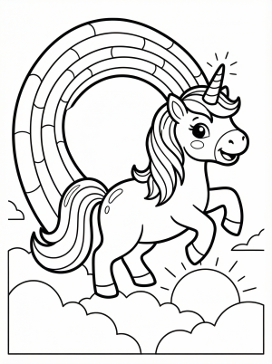 Free printable coloring page showing a unicorn creating a rainbow, perfect for kids to practice fine motor skills and creativity