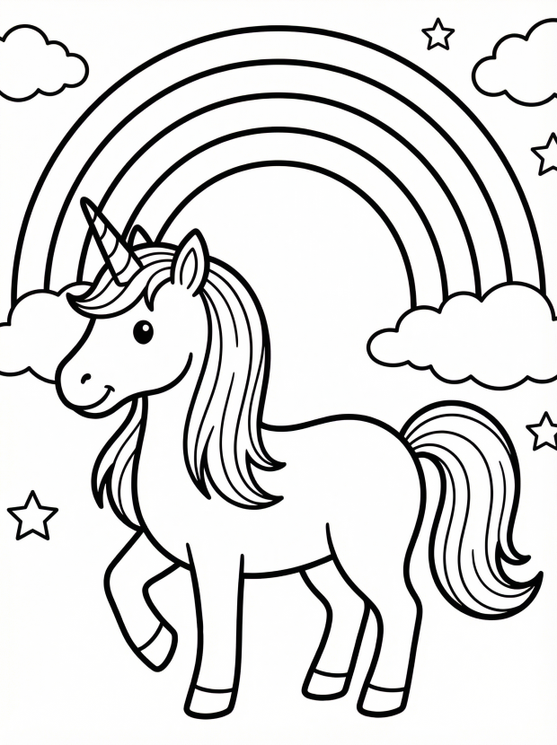 Free printable coloring page showing a unicorn under a rainbow arch, perfect for kids to practice coloring and creativity
