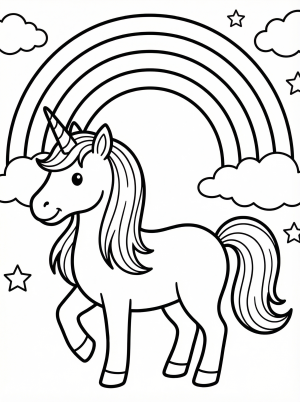 Free printable coloring page showing a unicorn under a rainbow arch, perfect for kids to practice coloring and creativity