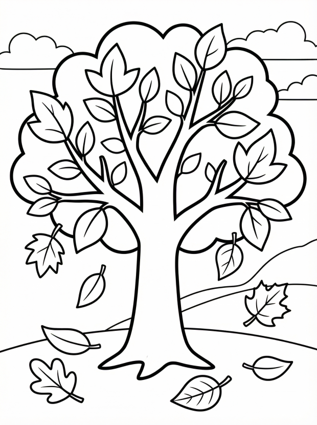 Free printable coloring page showing a tree with autumn leaves falling, perfect for kids to practice fine motor skills and color recognition