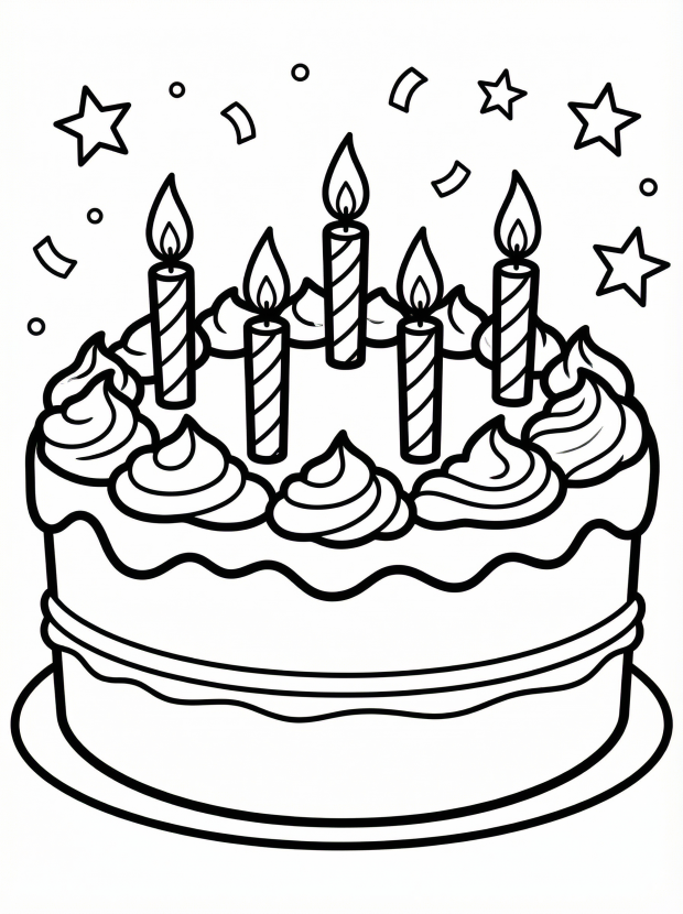 Free printable coloring page showing a birthday cake with candles and stars, perfect for kids to practice color choices and fine motor skills