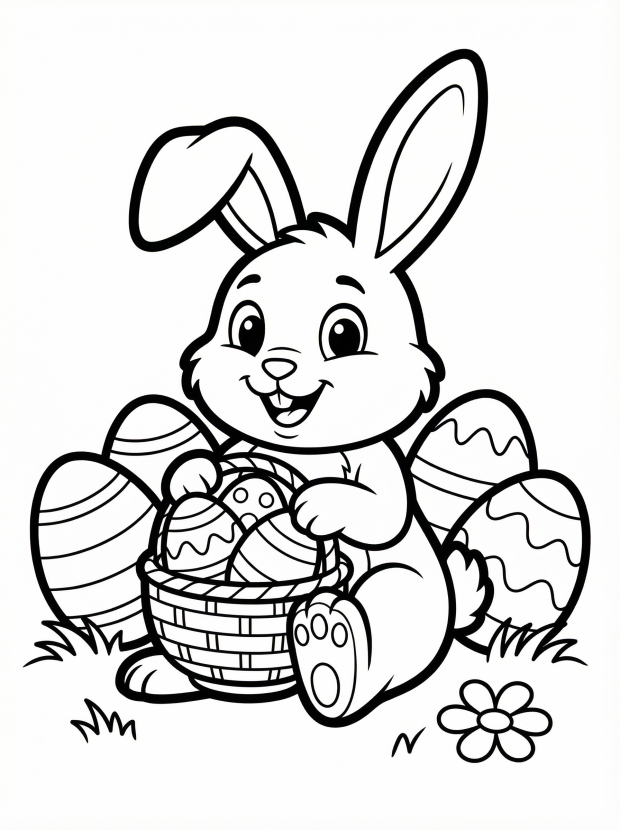 Free printable coloring page showing a smiling bunny holding a basket of decorated eggs, perfect for kids to practice coloring and creativity