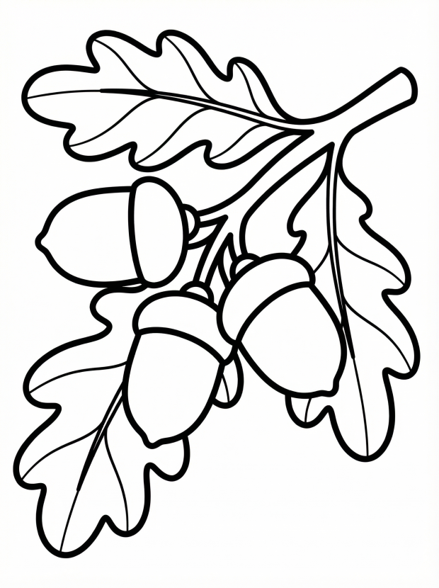 Free printable coloring page showing acorns on an oak branch, perfect for kids to practice fine motor skills and color recognition