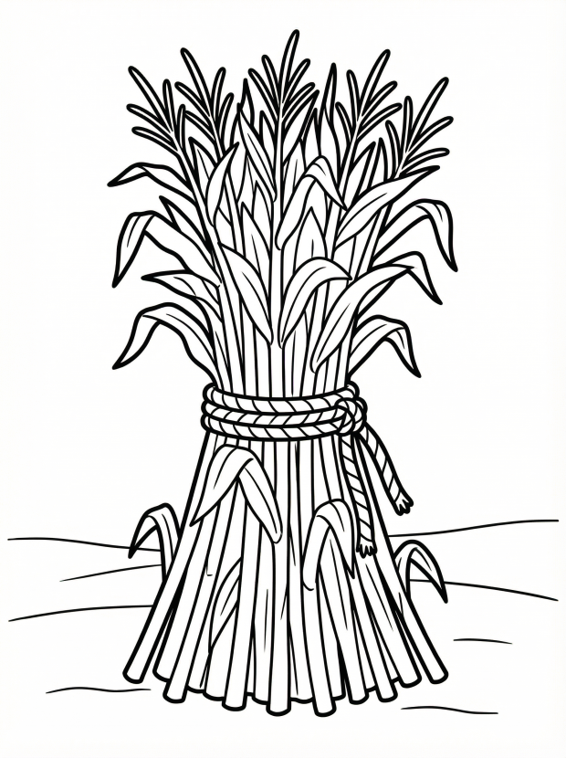 Free printable coloring page showing a bundled corn stalk sheaf, perfect for kids to practice coloring and learn about harvest