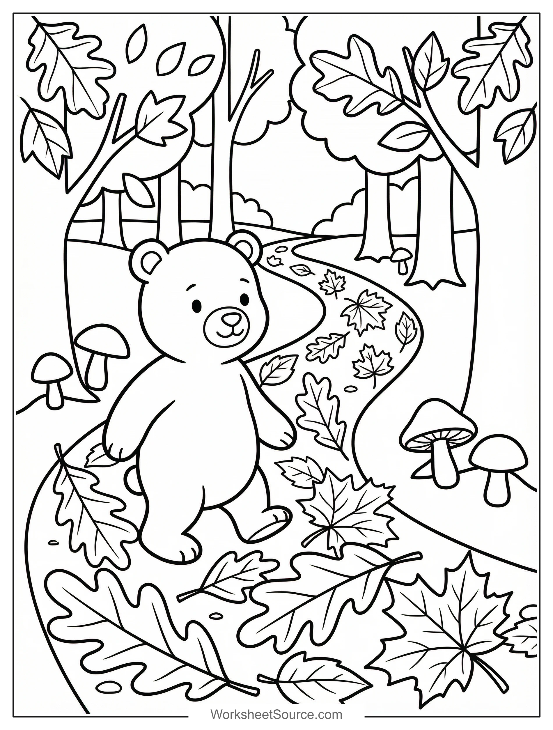 Free printable coloring page showing a bear walking on a leafy forest path, perfect for kids to practice coloring and learn about autumn