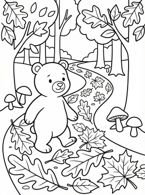 Free printable coloring page showing a bear walking on a leafy forest path, perfect for kids to practice coloring and learn about autumn