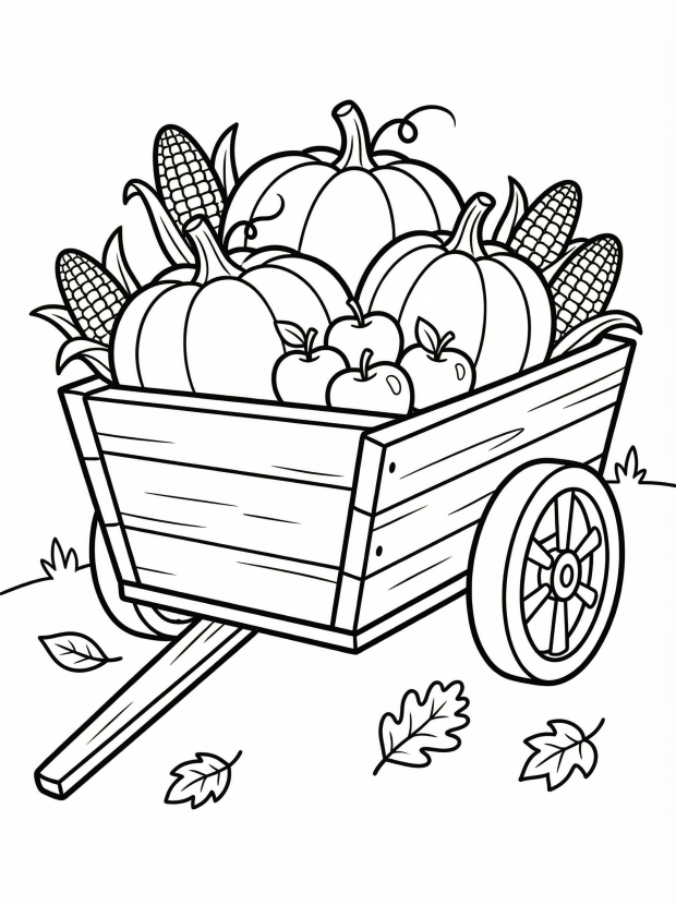 Free printable coloring page showing a wagon of pumpkins apples and corn, perfect for kids to practice coloring and learn about fall harvest