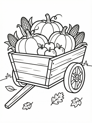 Free printable coloring page showing a wagon of pumpkins apples and corn, perfect for kids to practice coloring and learn about fall harvest