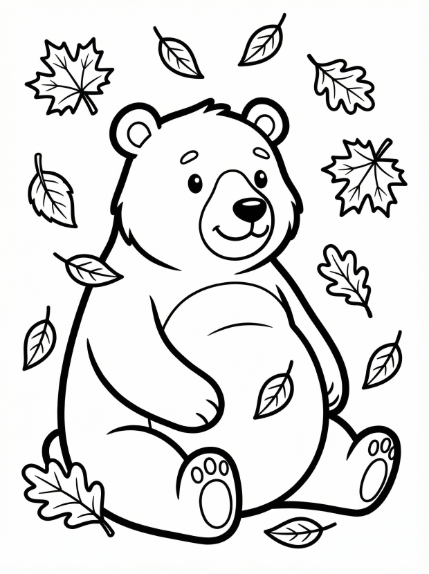 Free printable coloring page showing a happy bear surrounded by falling leaves, perfect for kids to practice coloring and learn about autumn