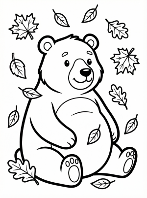 Free printable coloring page showing a happy bear surrounded by falling leaves, perfect for kids to practice coloring and learn about autumn