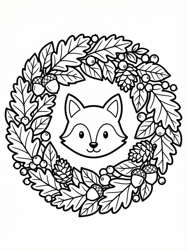 Free printable coloring page showing a fall wreath with leaves acorns and a fox face, perfect for kids to practice coloring and learn about autumn