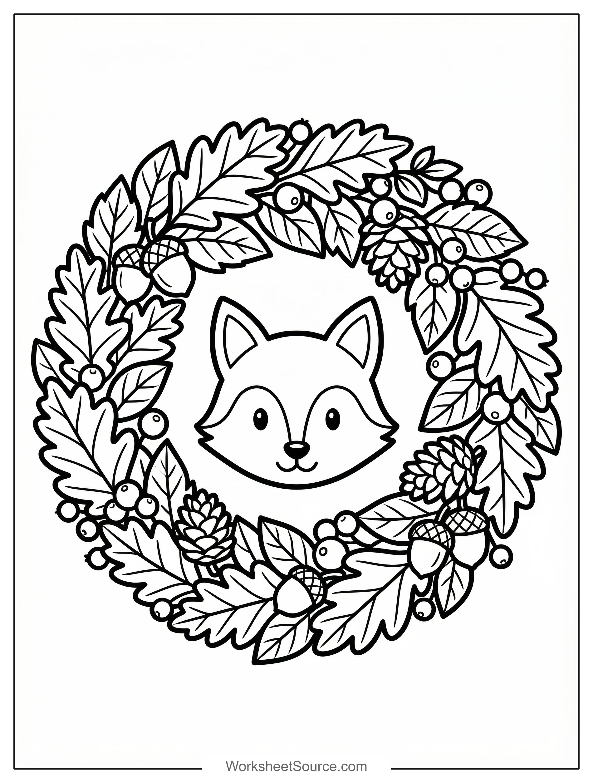 Free printable coloring page showing a fall wreath with leaves acorns and a fox face, perfect for kids to practice coloring and learn about autumn