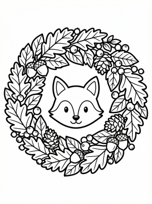 Free printable coloring page showing a fall wreath with leaves acorns and a fox face, perfect for kids to practice coloring and learn about autumn