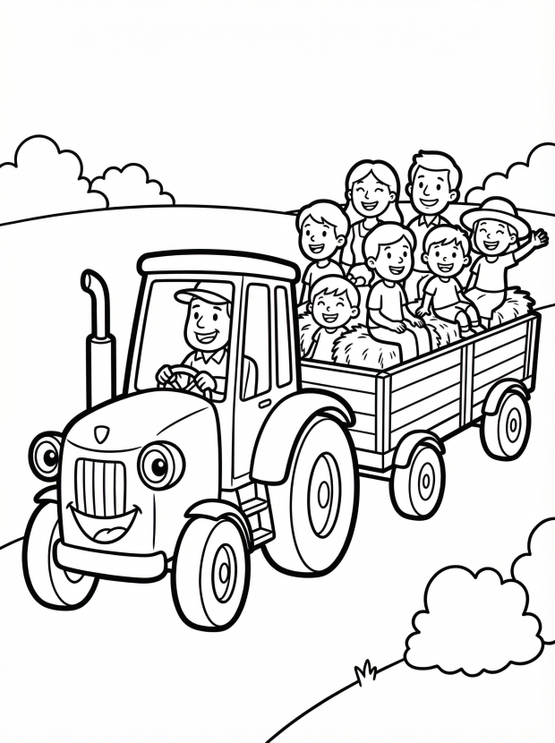 Free printable coloring page showing a tractor pulling a hayride with smiling children and adults, perfect for kids to practice coloring and storytelling