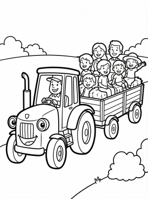 Free printable coloring page showing a tractor pulling a hayride with smiling children and adults, perfect for kids to practice coloring and storytelling