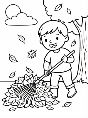 Free printable coloring page showing a child raking a pile of leaves, perfect for kids to practice coloring and creativity