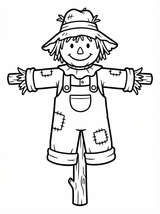 Free printable coloring page showing a friendly scarecrow with overalls and hat, perfect for kids to practice coloring and creativity