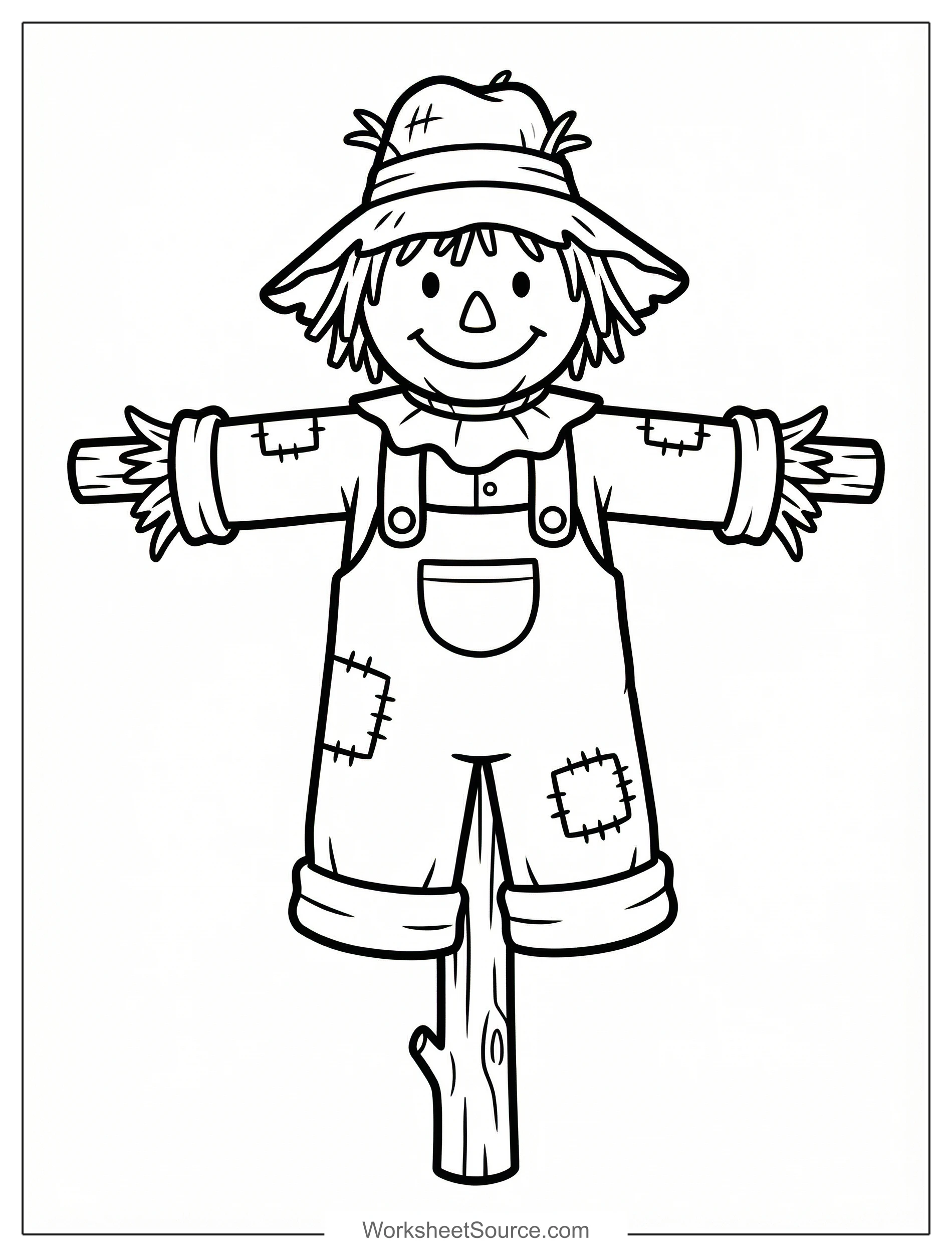 Free printable coloring page showing a friendly scarecrow with overalls and hat, perfect for kids to practice coloring and creativity