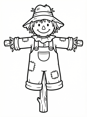Free printable coloring page showing a friendly scarecrow with overalls and hat, perfect for kids to practice coloring and creativity