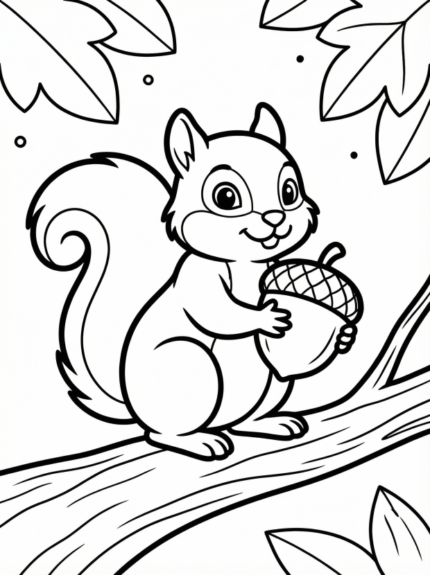 Free printable coloring page showing a cheerful squirrel holding an acorn on a tree branch, perfect for kids to practice fine motor skills and creativity