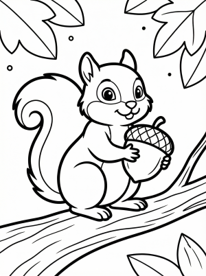 Free printable coloring page showing a cheerful squirrel holding an acorn on a tree branch, perfect for kids to practice fine motor skills and creativity