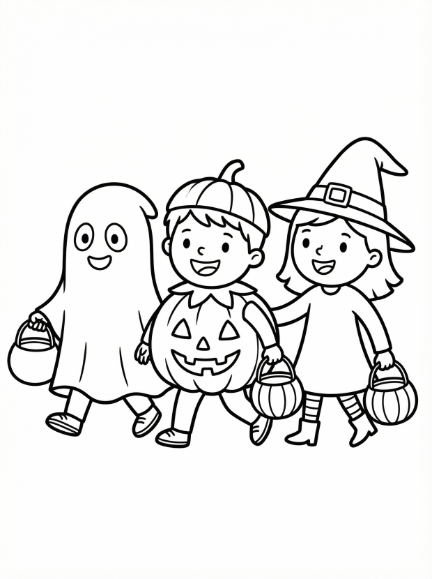Free printable coloring page showing kids in Halloween costumes trick or treating, perfect for kids to practice coloring and creativity
