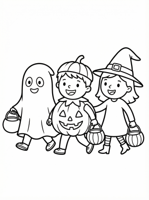 Free printable coloring page showing kids in Halloween costumes trick or treating, perfect for kids to practice coloring and creativity