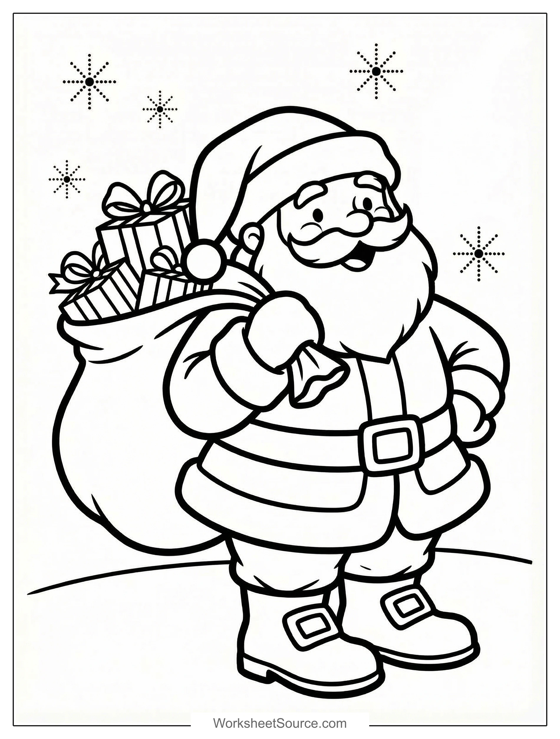 Free printable coloring page showing Santa Claus carrying a bag of gifts, perfect for kids to practice coloring and explore festive scenes