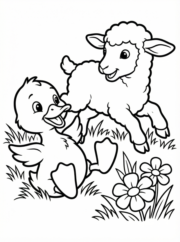 Free printable coloring page showing a playful lamb and duckling in grass, perfect for kids to practice coloring and creativity