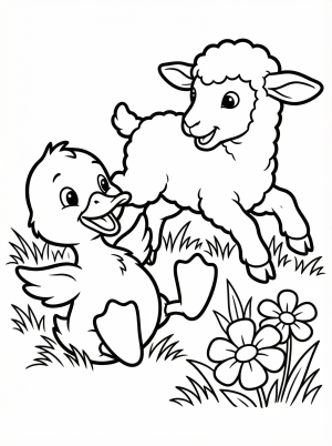Free printable coloring page showing a playful lamb and duckling in grass, perfect for kids to practice coloring and creativity