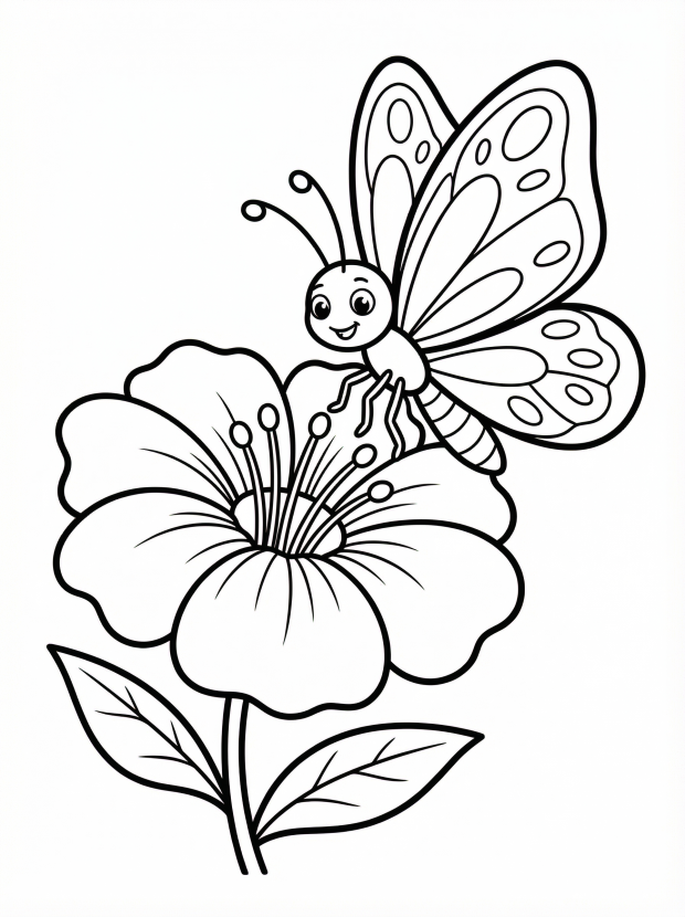 Free printable coloring page showing a butterfly perched on a large spring flower, perfect for kids to practice coloring and fine motor skills