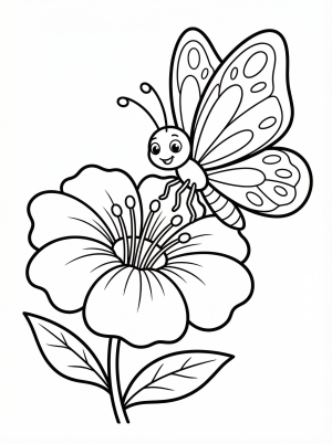 Free printable coloring page showing a butterfly perched on a large spring flower, perfect for kids to practice coloring and fine motor skills