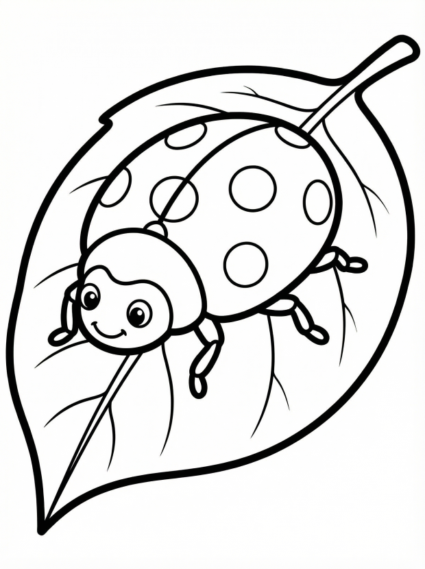 Free printable coloring page showing a smiling ladybug on a leaf, perfect for kids to practice coloring and learn about insects