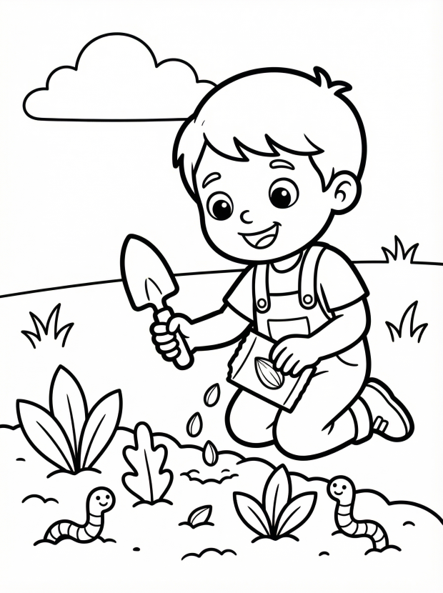 Free printable coloring page showing a child planting seeds in a garden, perfect for kids to practice fine motor skills and learn about plants