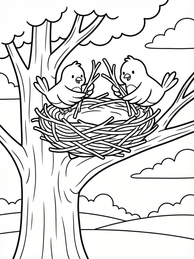 Free printable coloring page showing two birds building a nest, perfect for kids to practice fine motor skills and color recognition