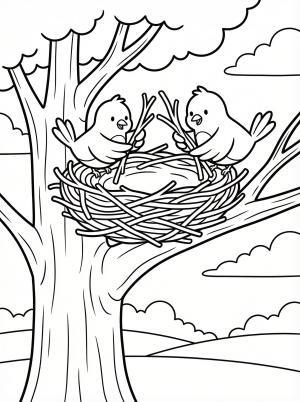 Free printable coloring page showing two birds building a nest, perfect for kids to practice fine motor skills and color recognition