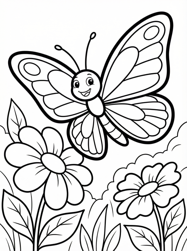Free printable coloring page showing a cheerful butterfly above flowers, perfect for kids to practice coloring and learn about nature
