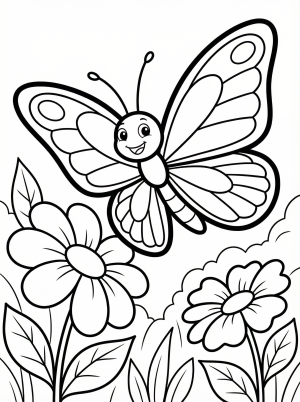 Free printable coloring page showing a cheerful butterfly above flowers, perfect for kids to practice coloring and learn about nature
