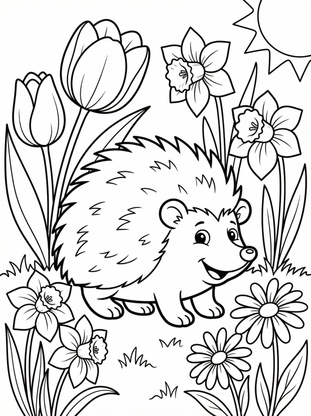 Free printable coloring page showing a hedgehog among tulips daffodils and daisies, perfect for kids to practice coloring and creativity