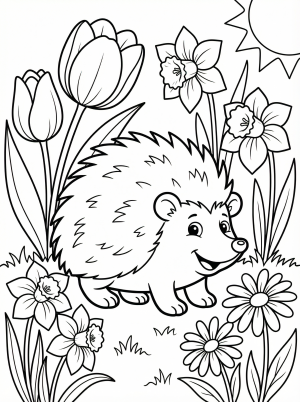 Free printable coloring page showing a hedgehog among tulips daffodils and daisies, perfect for kids to practice coloring and creativity