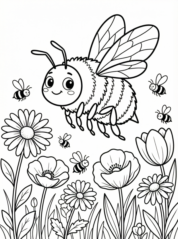 Free printable coloring page showing a cheerful bee flying over flowers in a spring meadow, perfect for kids to practice coloring and fine motor skills