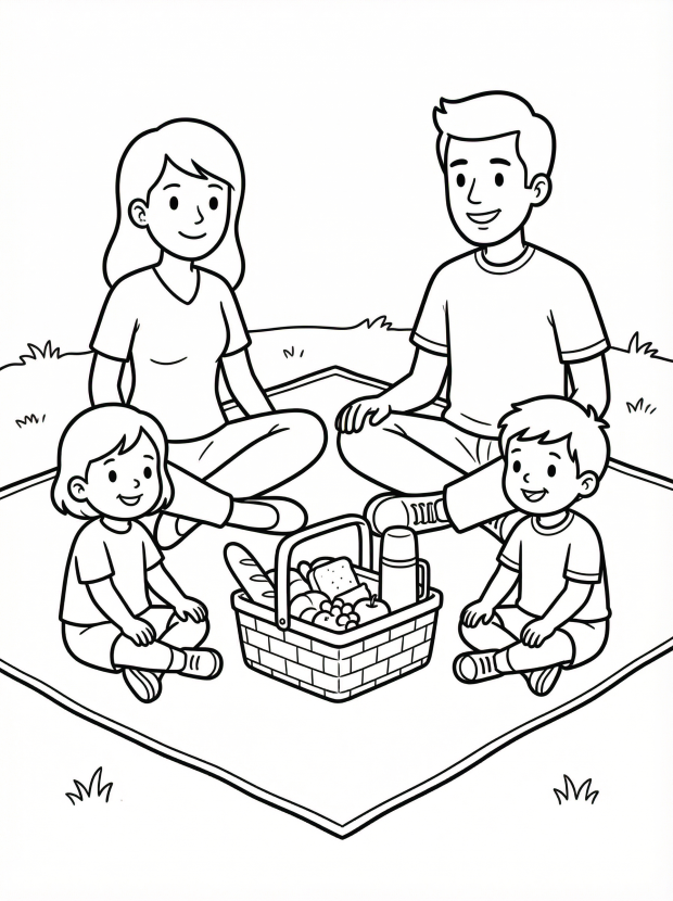 Free printable coloring page showing a family picnic with basket and blanket, perfect for kids to practice coloring and observation skills