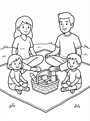 Free printable coloring page showing a family picnic with basket and blanket, perfect for kids to practice coloring and observation skills