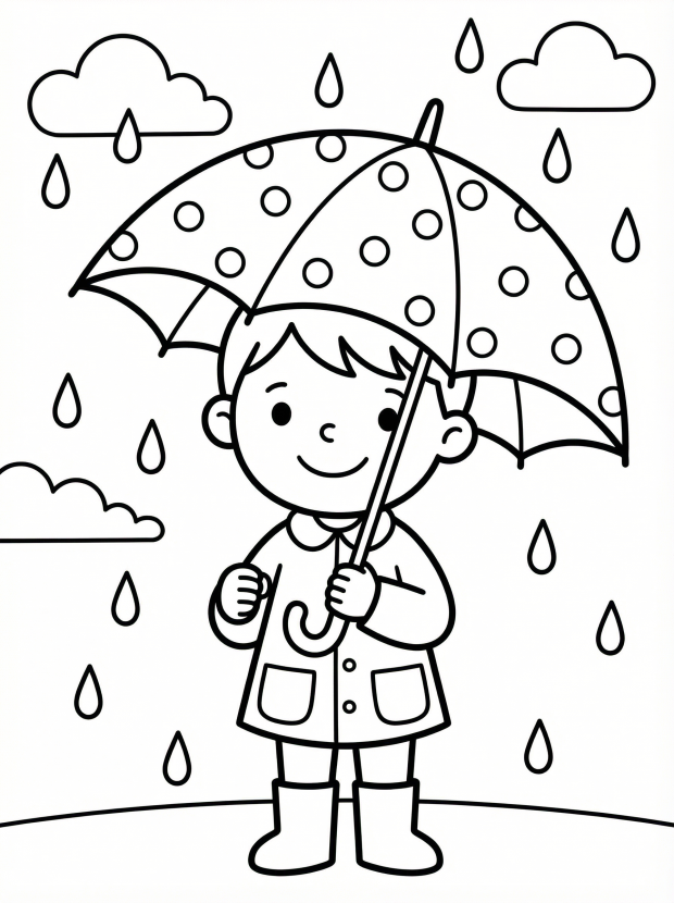 Free printable coloring page showing a child with an umbrella in spring rain, perfect for kids to practice coloring and fine motor skills