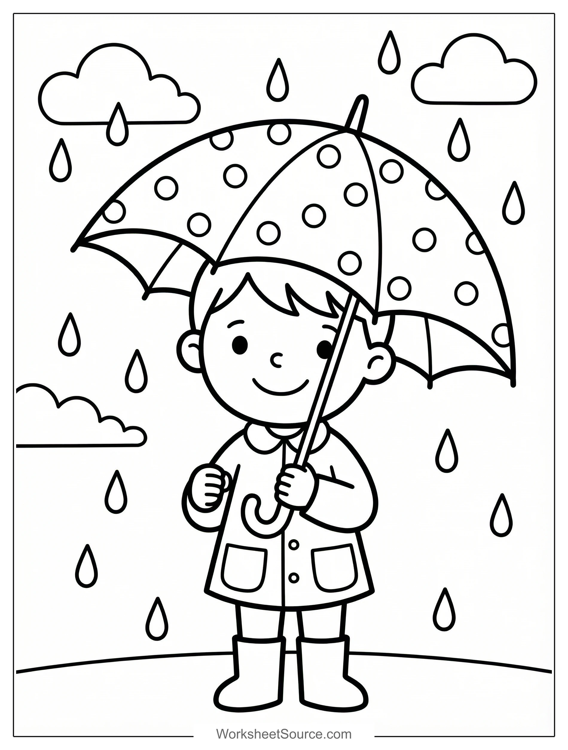 Free printable coloring page showing a child with an umbrella in spring rain, perfect for kids to practice coloring and fine motor skills